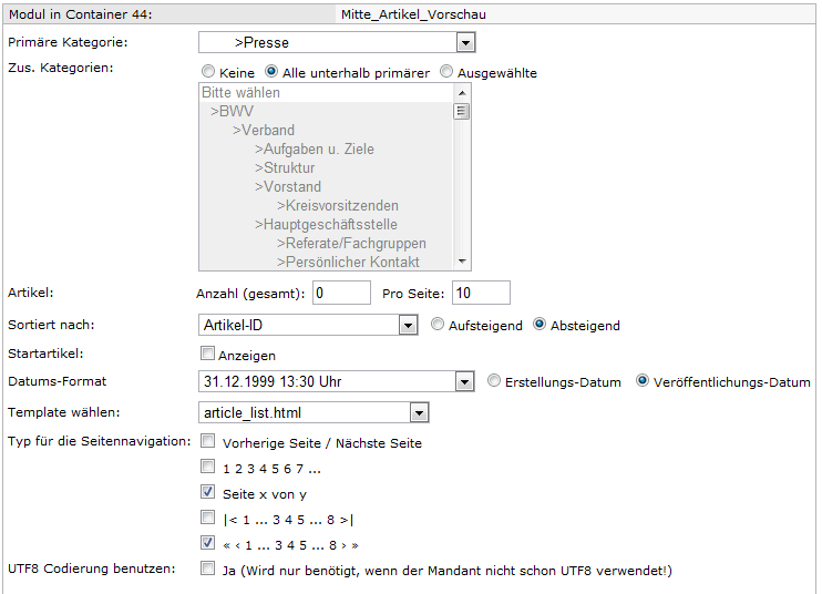 Backend Einstellungen